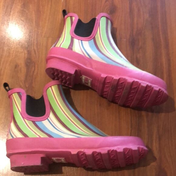 LL Bean Striped rubber booties size 7 pink green - Picture 2 of 8